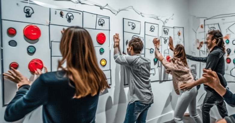Several people in a white room pressing red and green buttons on the walls
