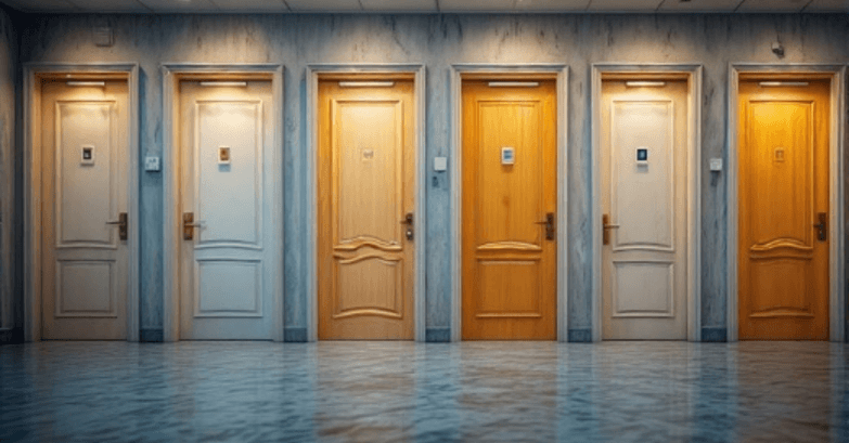 A corridor with a row of differently coloured doors side by side