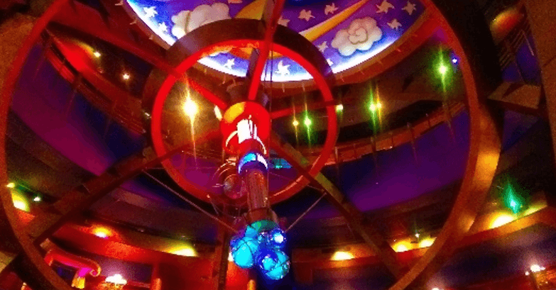 View into a brightly painted and illuminated atrium
