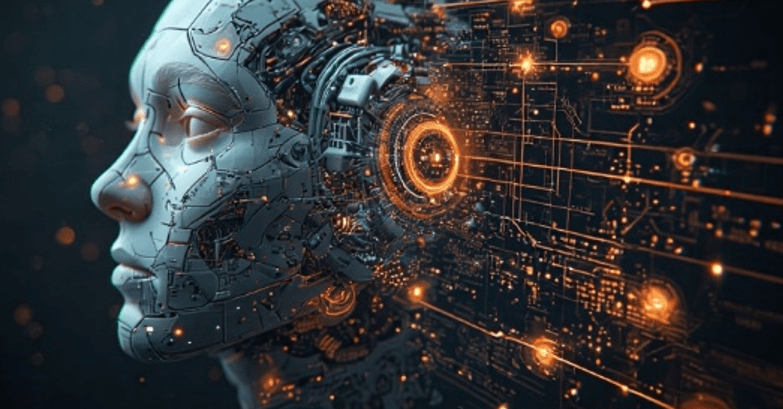 A stylised robot head surrounded by glowing electronic circuits