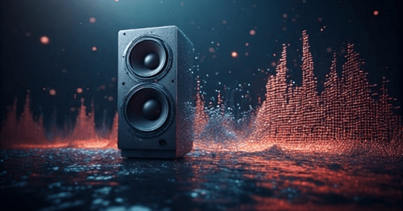 A large speaker set against a colourful backdrop