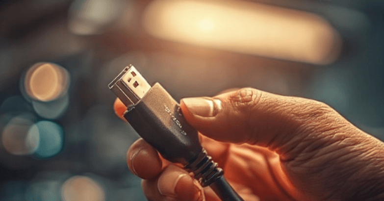 A hand holding a USB plug, ready to be inserted