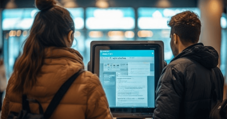 Two people operating a large screen terminal
