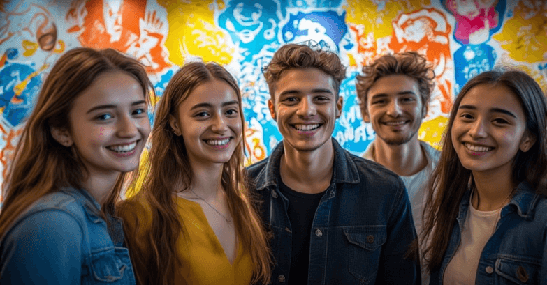 Five smiling people in front of a photo wall