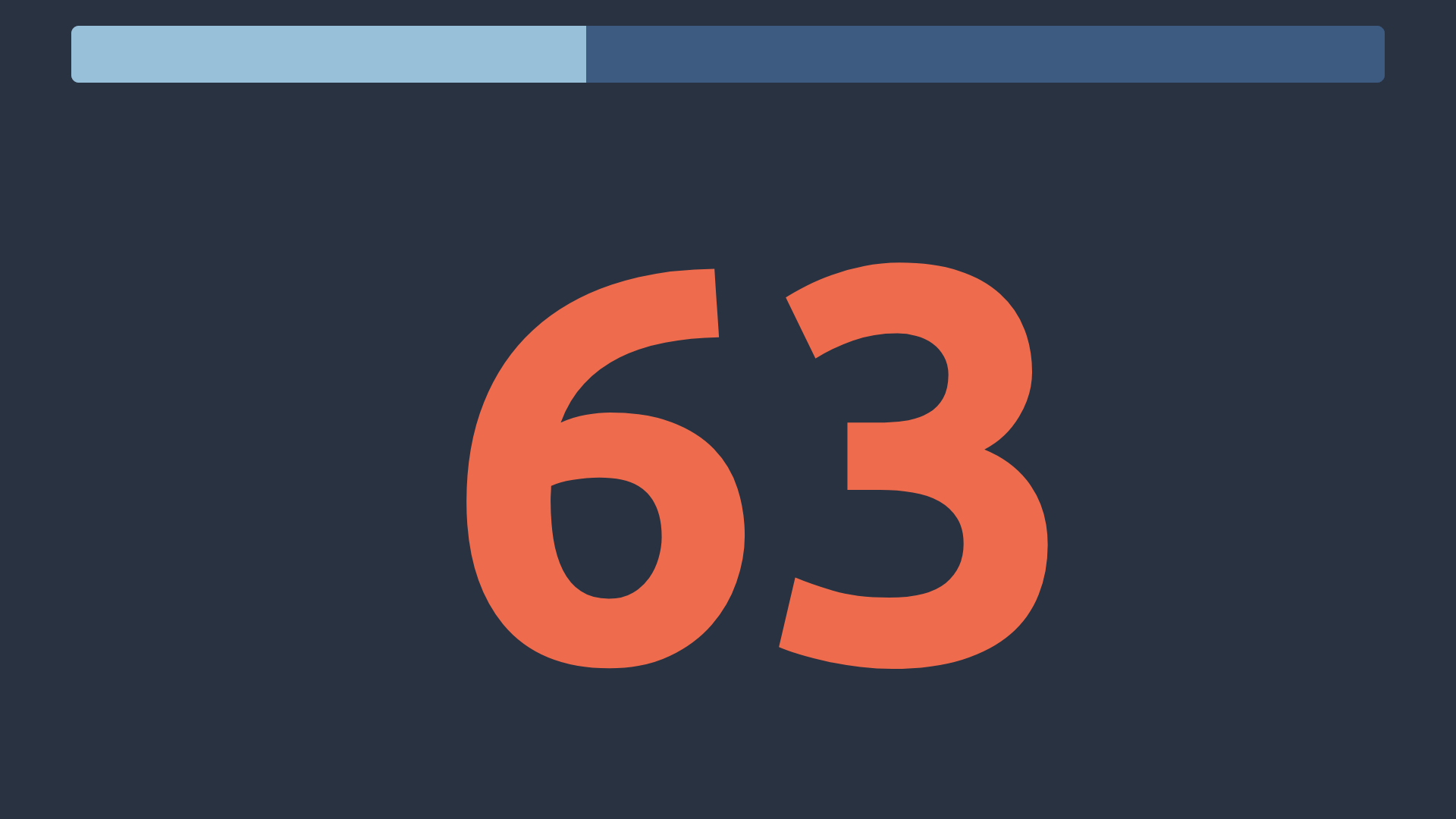 A screen displaying a large number 63 in the centre, with a progress bar that is just under half full above it