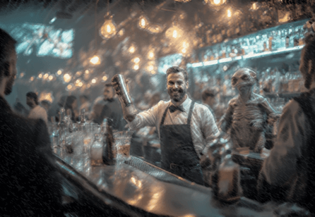 A drawing of a bartender at a counter, surrounded by various alien beings