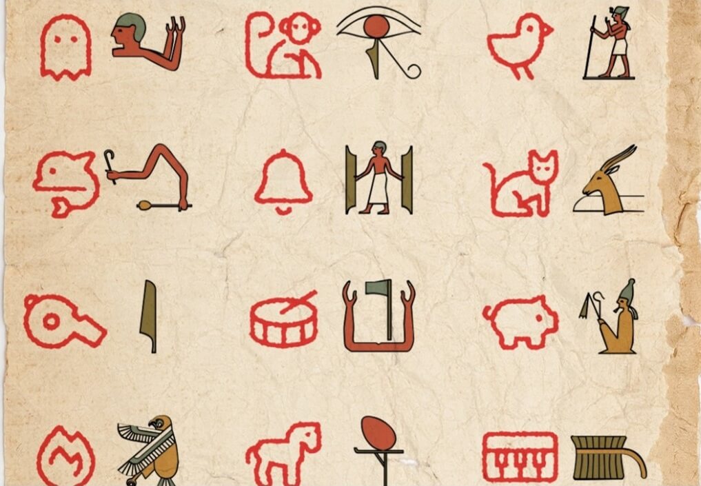 A papyrus with three columns, each with a red pictogram of an object on the left, next to a coloured Egyptian hieroglyph