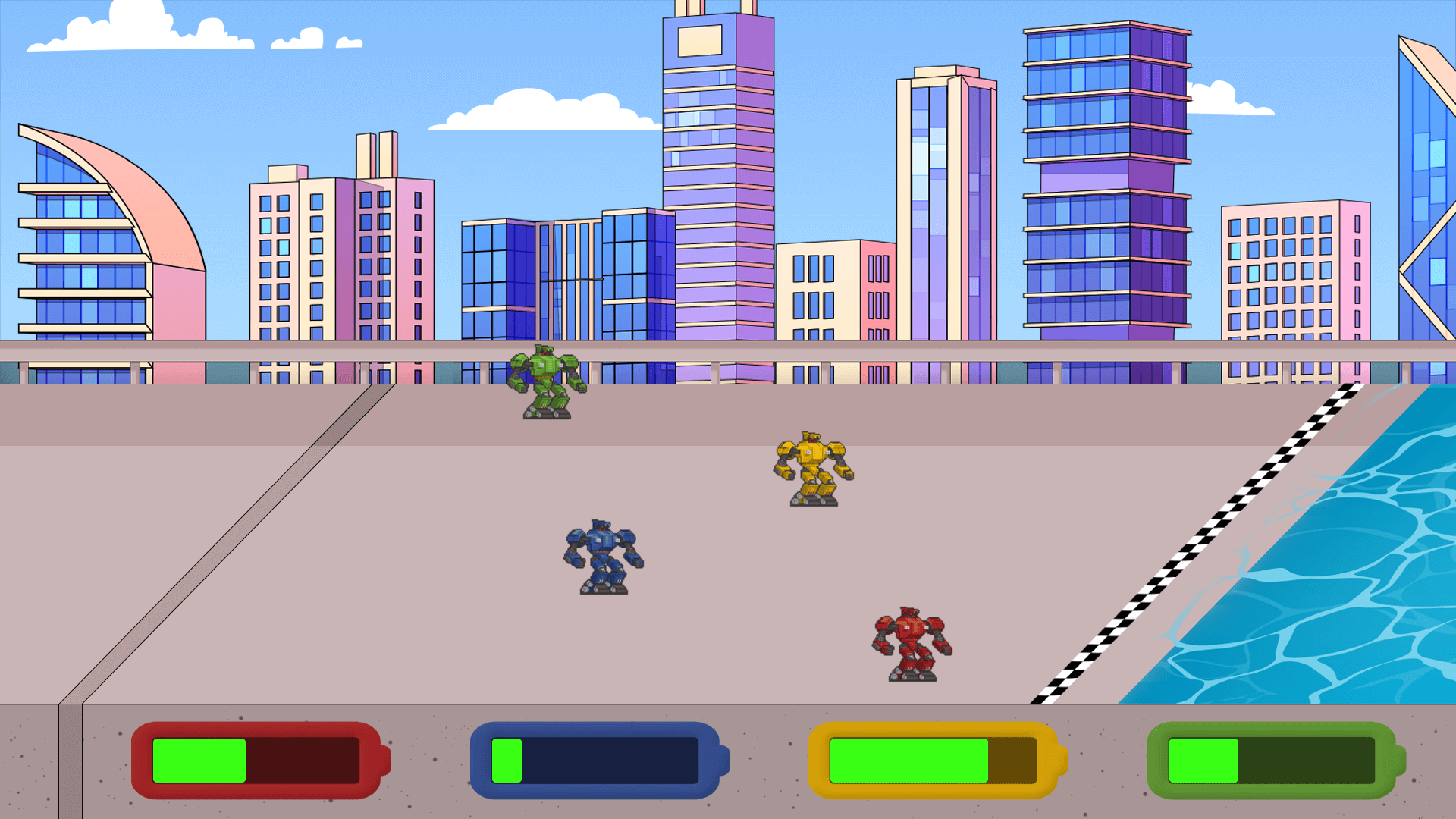 A screen featuring four cartoon robots against an urban backdrop, with coloured battery symbols below and a river on the right
