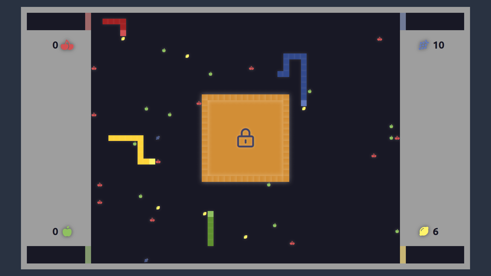 A screen displaying four coloured pixel snakes, food icons, and a locked area in the middle