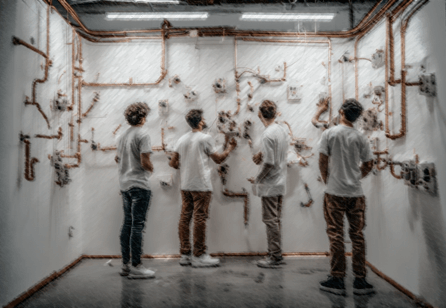 Four people standing in a room with a labyrinth of copper pipes mounted on the walls.