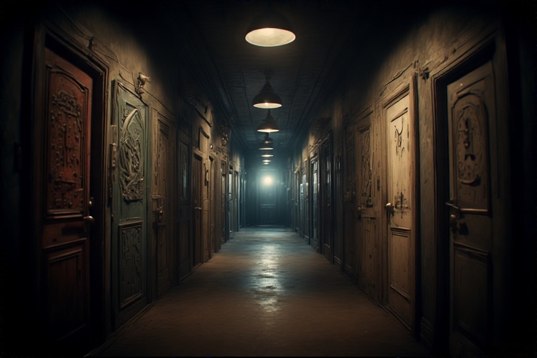 A dimly lit corridor lined with wooden doors, each uniquely designed, leading towards a bright light at the end
