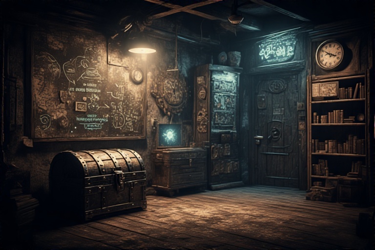An old-fashioned room featuring a chalkboard with notes, a vintage clock, a wooden bookshelf, and a treasure chest, illuminated by warm lighting