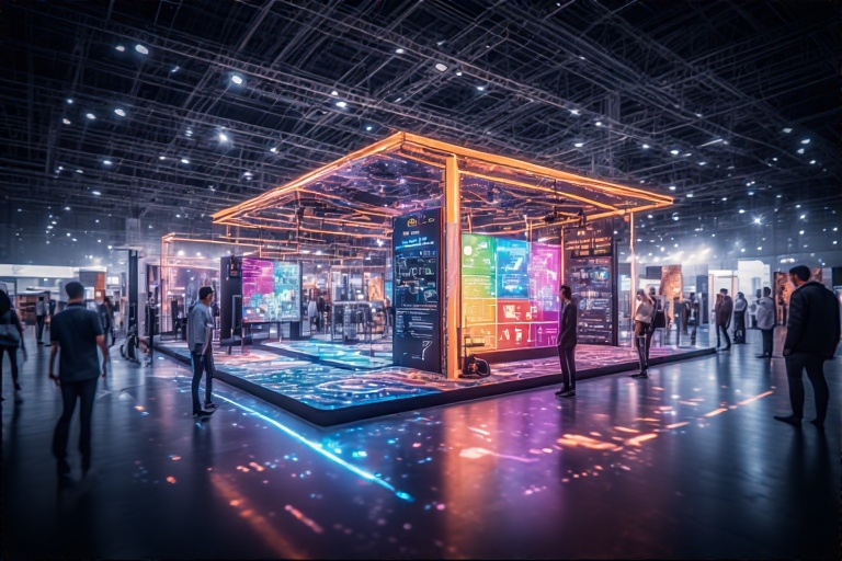 A vibrant exhibition space with illuminated displays and digital screens showcasing technology and data, surrounded by visitors