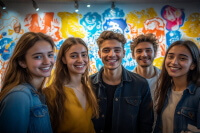A group of satisfied smiling people in a colorful room