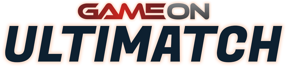 GameOn text logo, GAME in red, ON in gray, below the world ULTIMATCH in dark blue